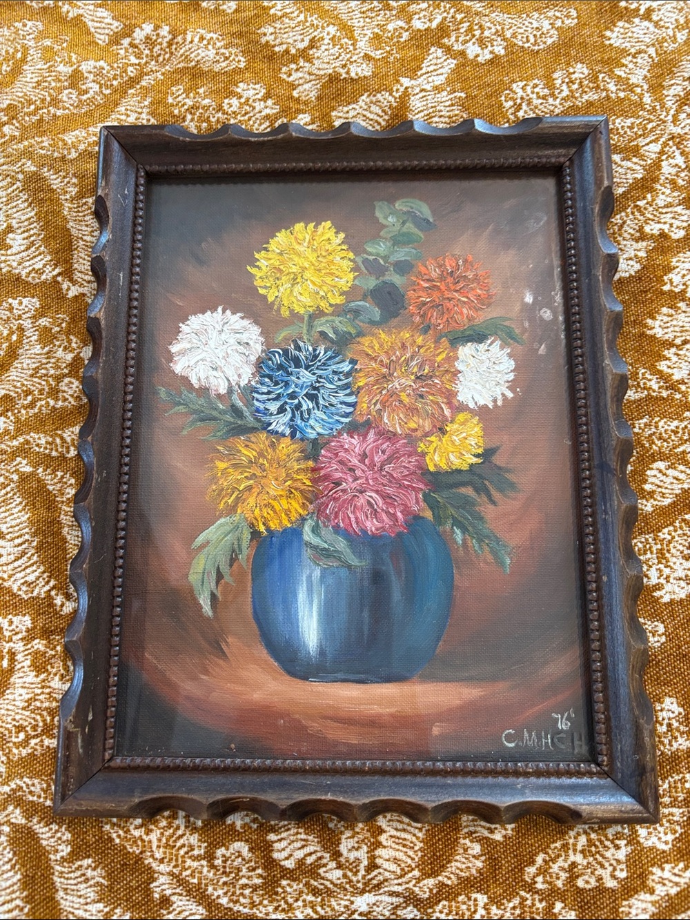 Vintage painting w/ curved wood frame, colorful zinnias, signed, 10.5x13.5”